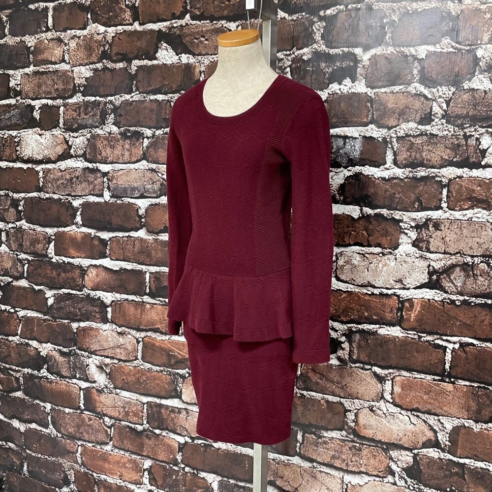 Sandro Paris Dress Peplum Knit Burgundy Red Chevron Long Sleeves Size 2 4 - Picture 5 of 15